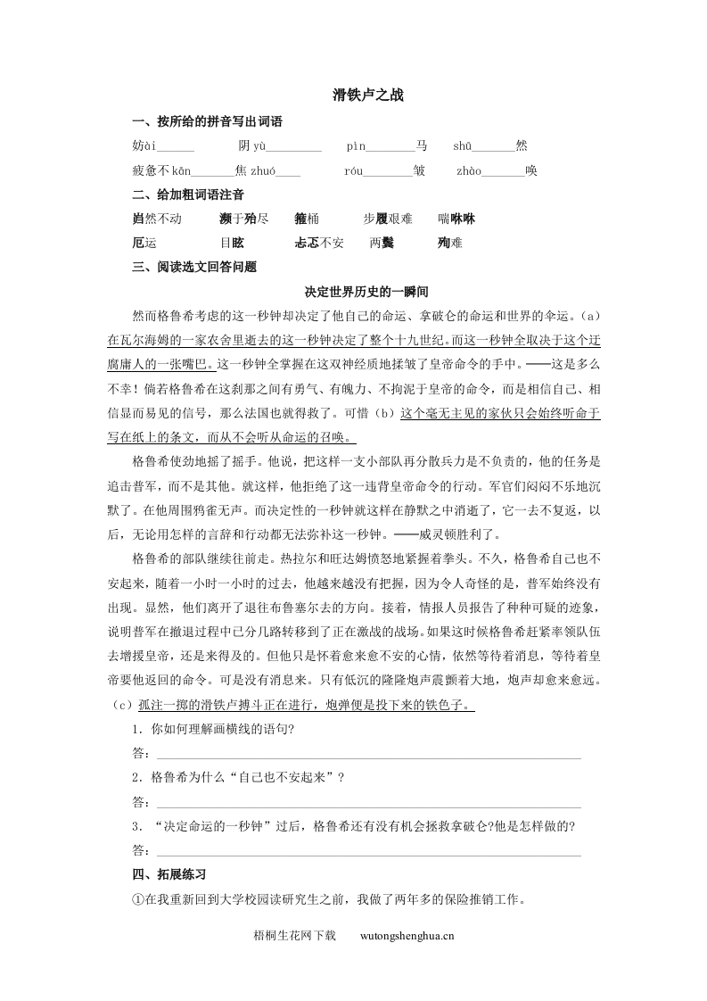 19滑铁卢之战练习题及答案-梧桐生花