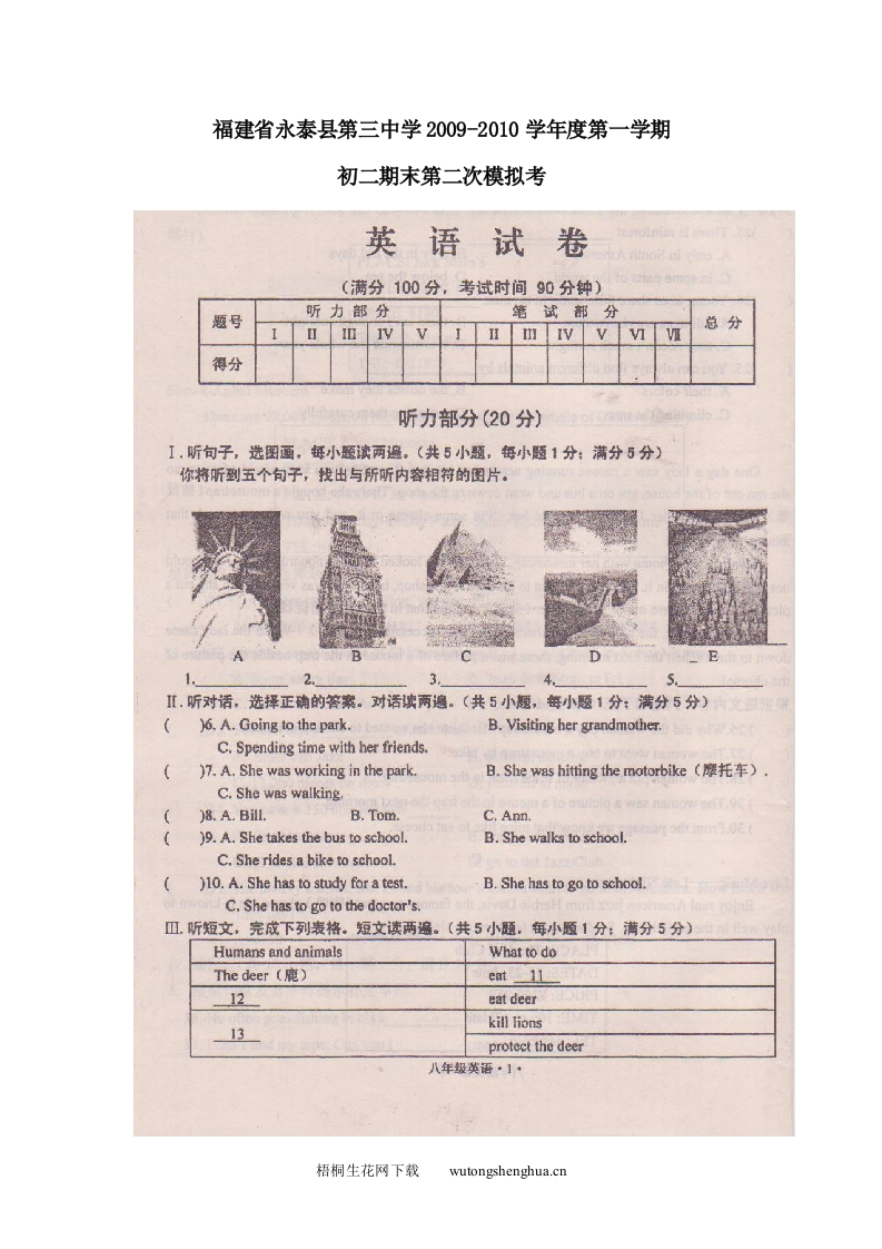 2009-2010年初二英语期末模拟试卷及答案-梧桐生花