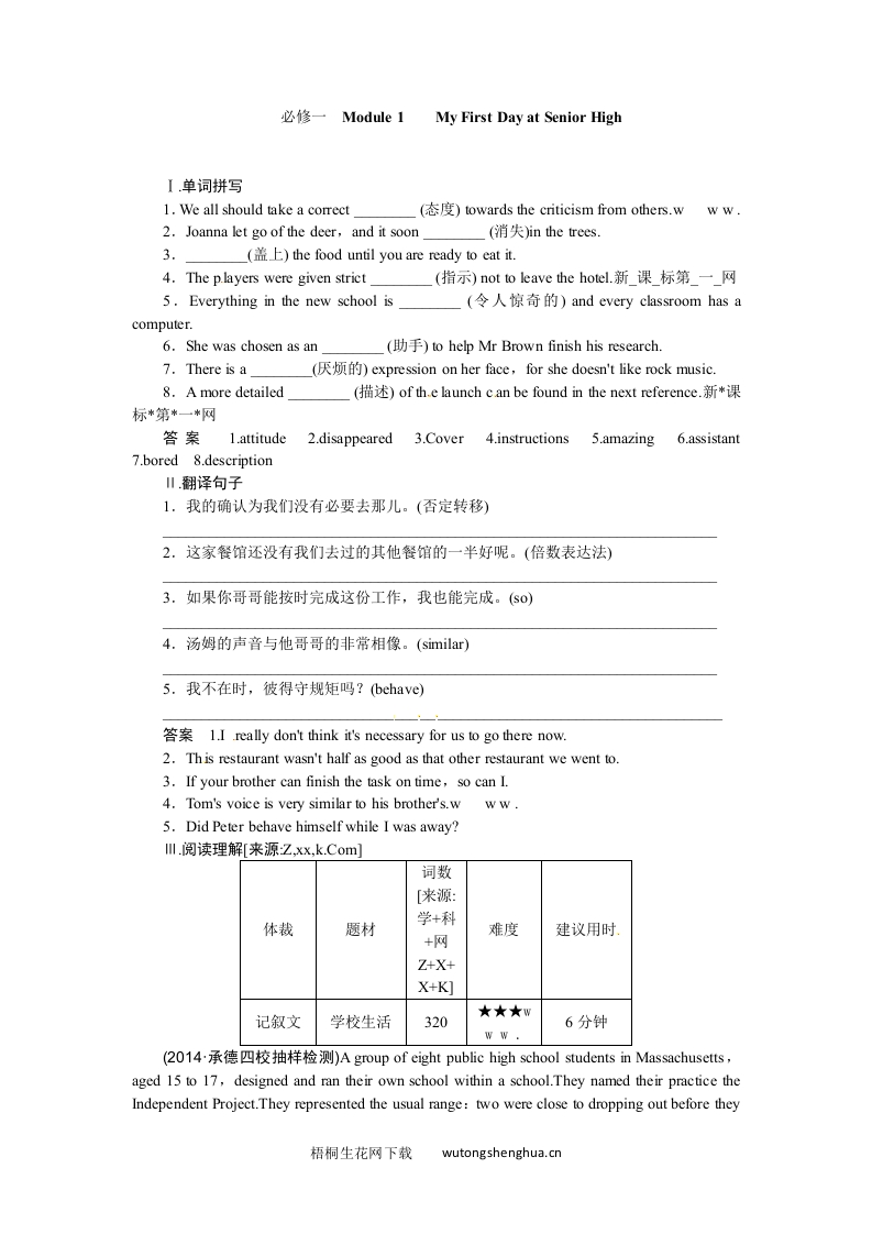 2015届外研版高考英语一轮-必修一Module-1复习题及答案解析-梧桐生花