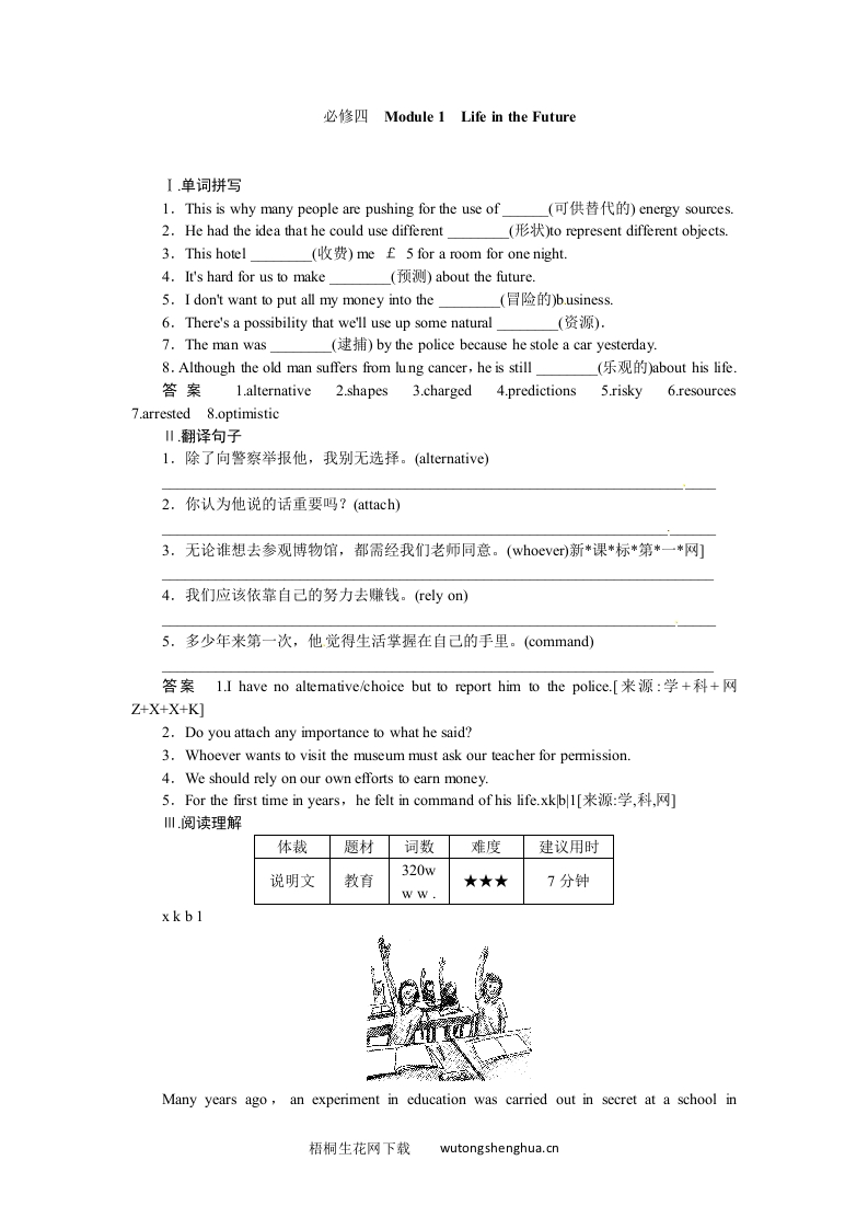 2015届外研版高考英语一轮-必修四Module-1复习题及答案解析-梧桐生花