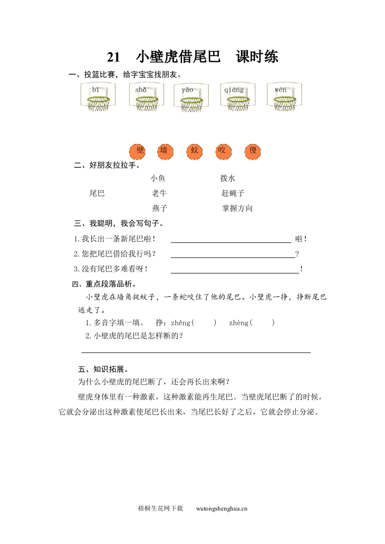 2017年21小壁虎借尾巴练习题及答案-梧桐生花
