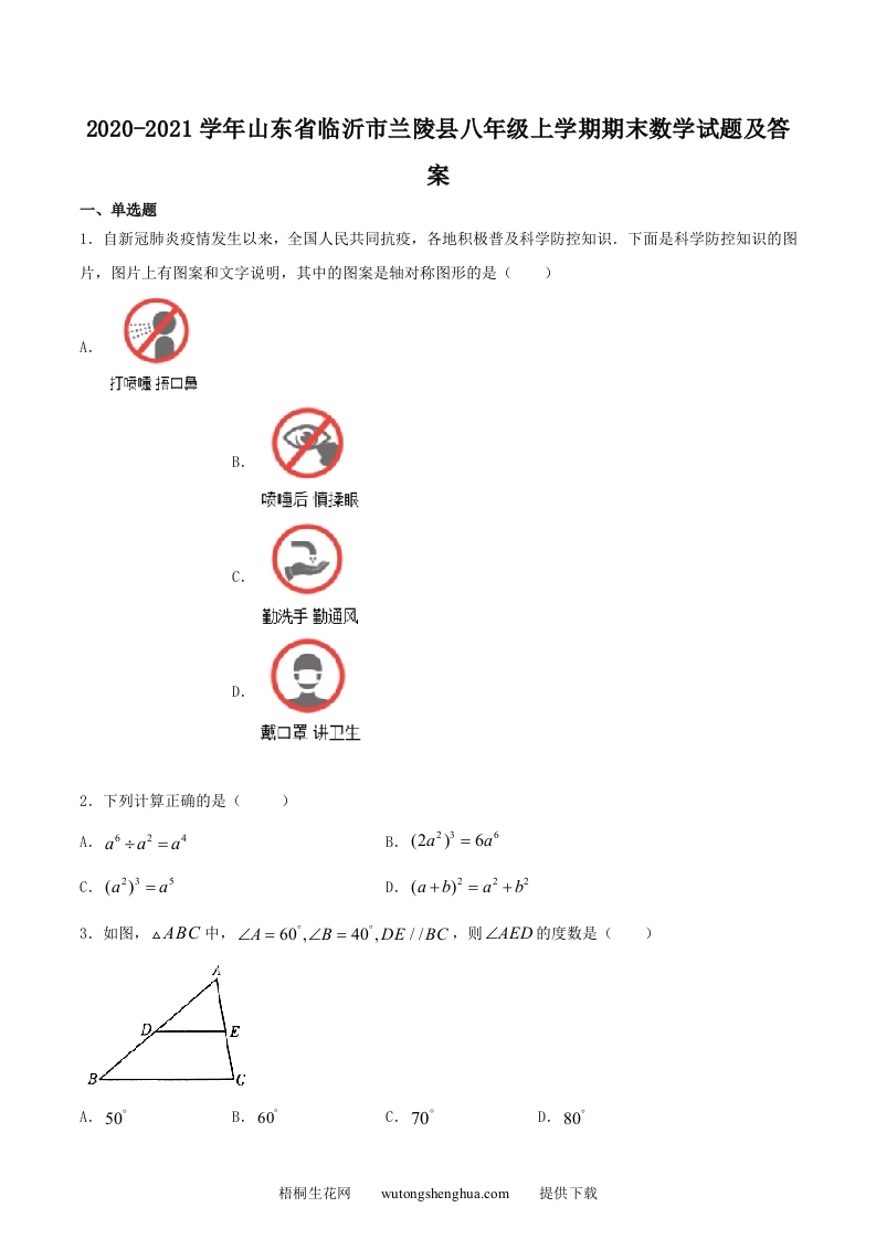 2020-2021学年山东省临沂市兰陵县八年级上学期期末数学试题及答案(Word版)-梧桐生花