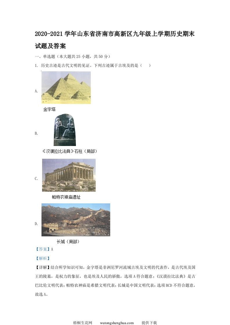 2020-2021学年山东省济南市高新区九年级上学期历史期末试题及答案(Word版)-梧桐生花