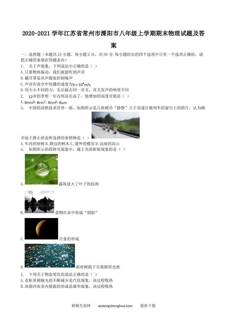 2020-2021学年江苏省常州市溧阳市八年级上学期期末物理试题及答案(Word版)-梧桐生花