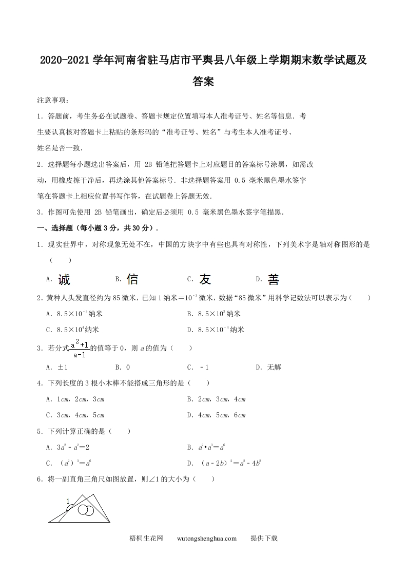 2020-2021学年河南省驻马店市平舆县八年级上学期期末数学试题及答案(Word版)-梧桐生花