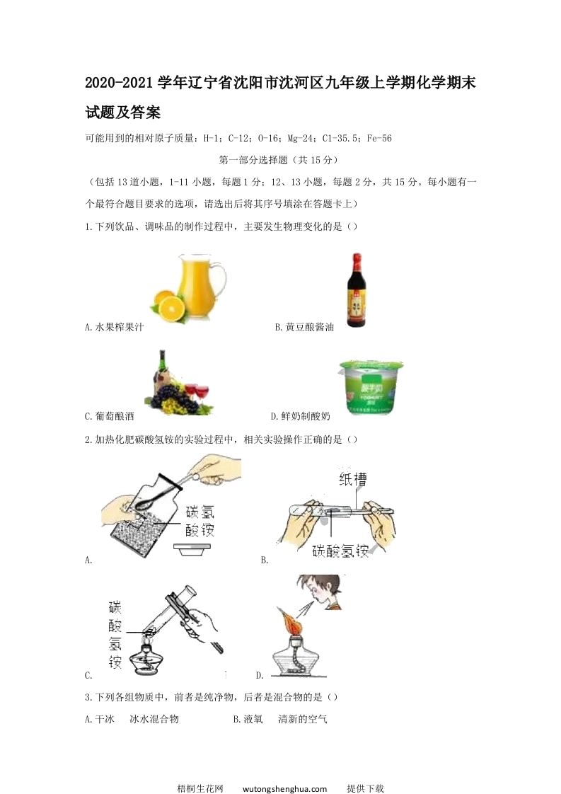 2020-2021学年辽宁省沈阳市沈河区九年级上学期化学期末试题及答案(Word版)-梧桐生花