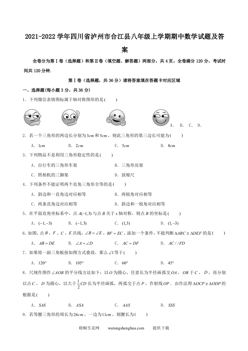 2021-2022学年四川省泸州市合江县八年级上学期期中数学试题及答案(Word版)-梧桐生花