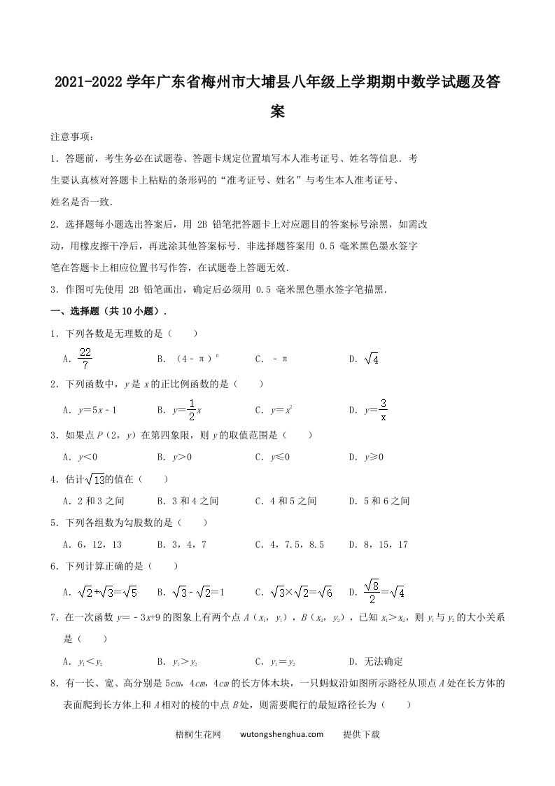 2021-2022学年广东省梅州市大埔县八年级上学期期中数学试题及答案(Word版)-梧桐生花