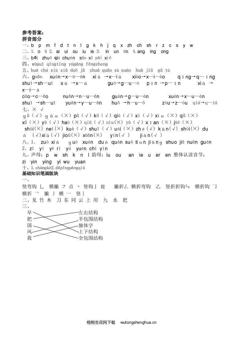 2021年部编版一年级语文上册拼音和笔画专项复习题及答案-答案-梧桐生花