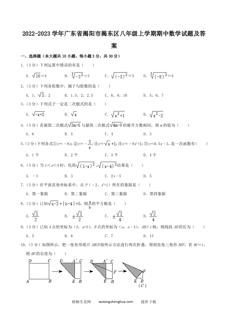2022-2023学年广东省揭阳市揭东区八年级上学期期中数学试题及答案(Word版)-梧桐生花
