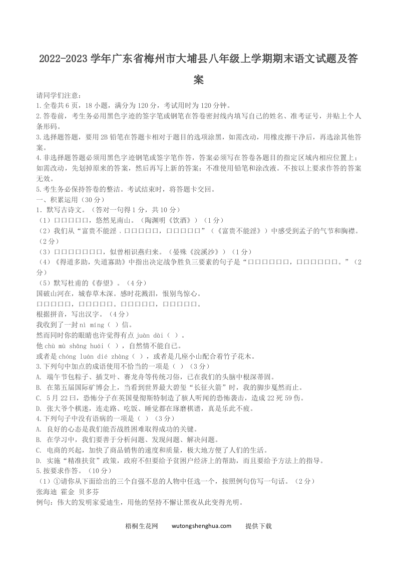 2022-2023学年广东省梅州市大埔县八年级上学期期末语文试题及答案(Word版)-梧桐生花