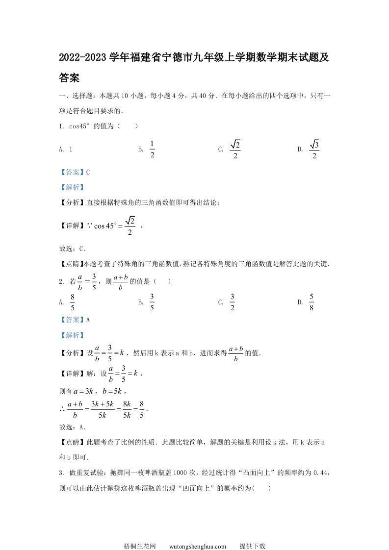 2022-2023学年福建省宁德市九年级上学期数学期末试题及答案(Word版)-梧桐生花