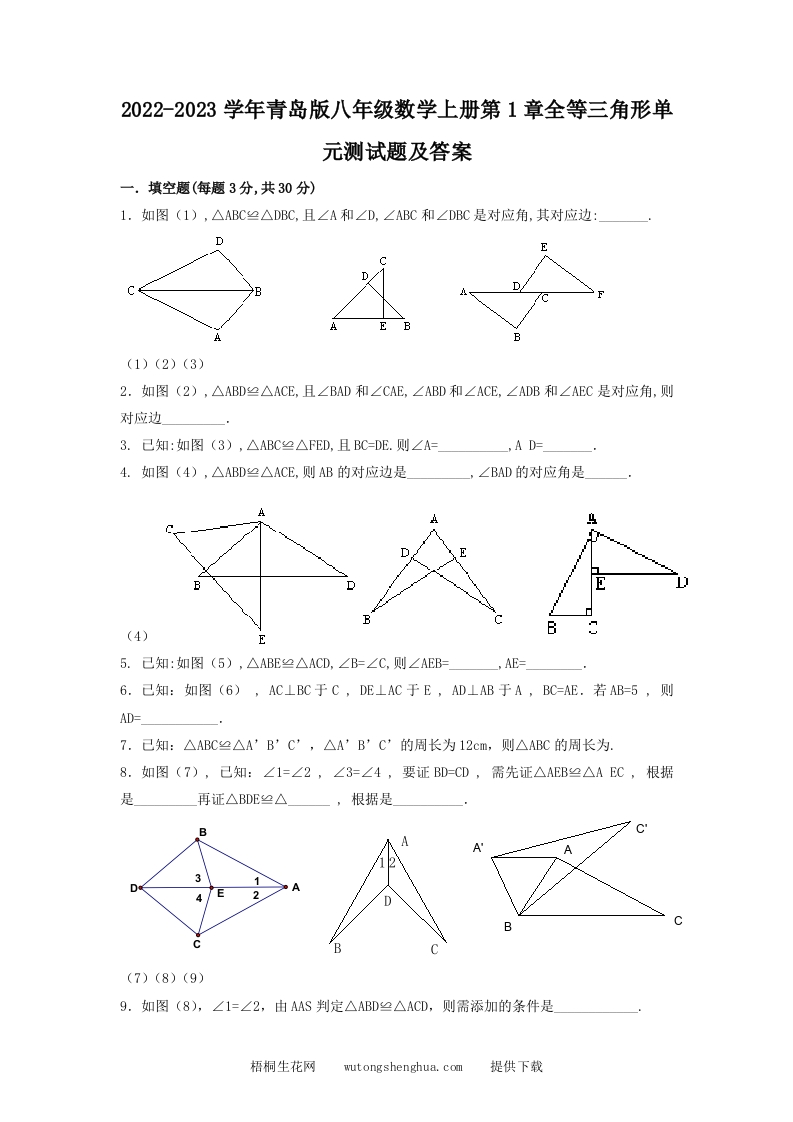 2022-2023学年青岛版八年级数学上册第1章全等三角形单元测试题及答案(Word版)-梧桐生花