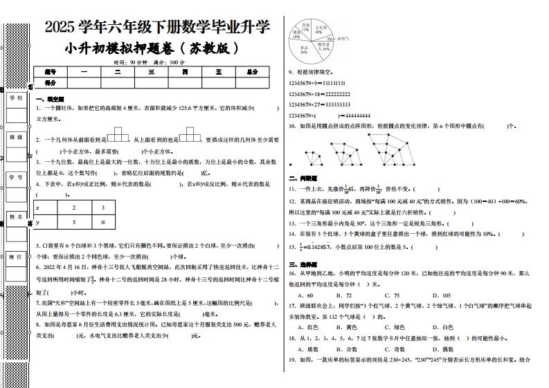 2024-2025学年苏教版六年级下册小升初全真模拟数学试卷（提高03）-梧桐生花