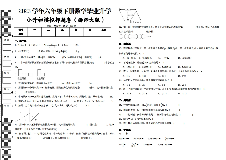 2024-2025学年西师大六年级下册小升初全真模拟数学试卷（提高03）-梧桐生花