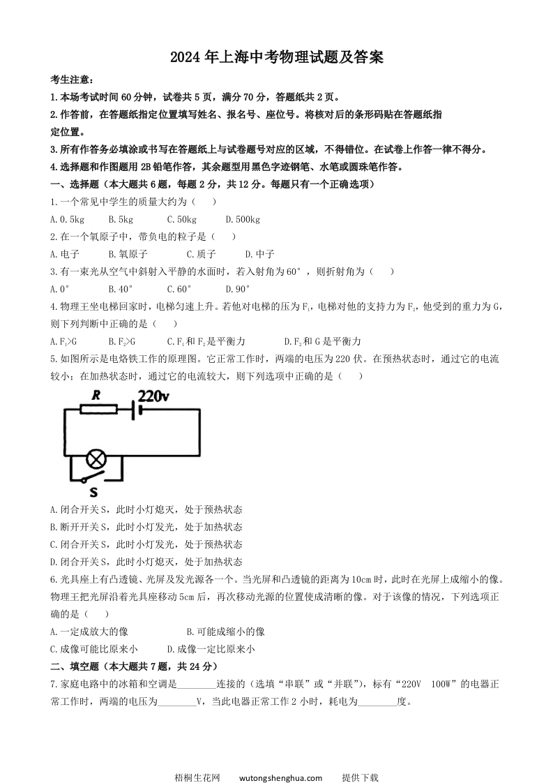 2024年上海中考物理试题及答案(Word版)-梧桐生花