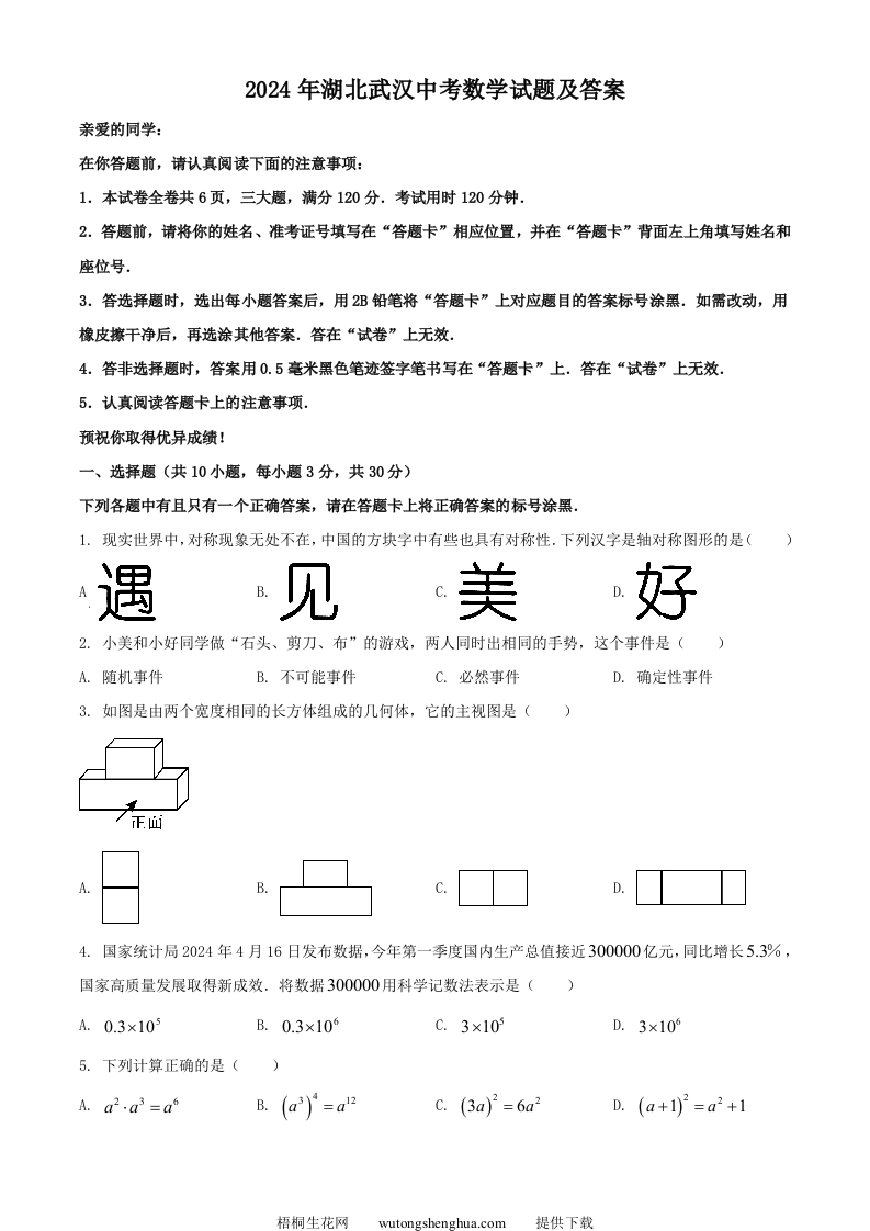 2024年湖北武汉中考数学试题及答案(Word版)-梧桐生花