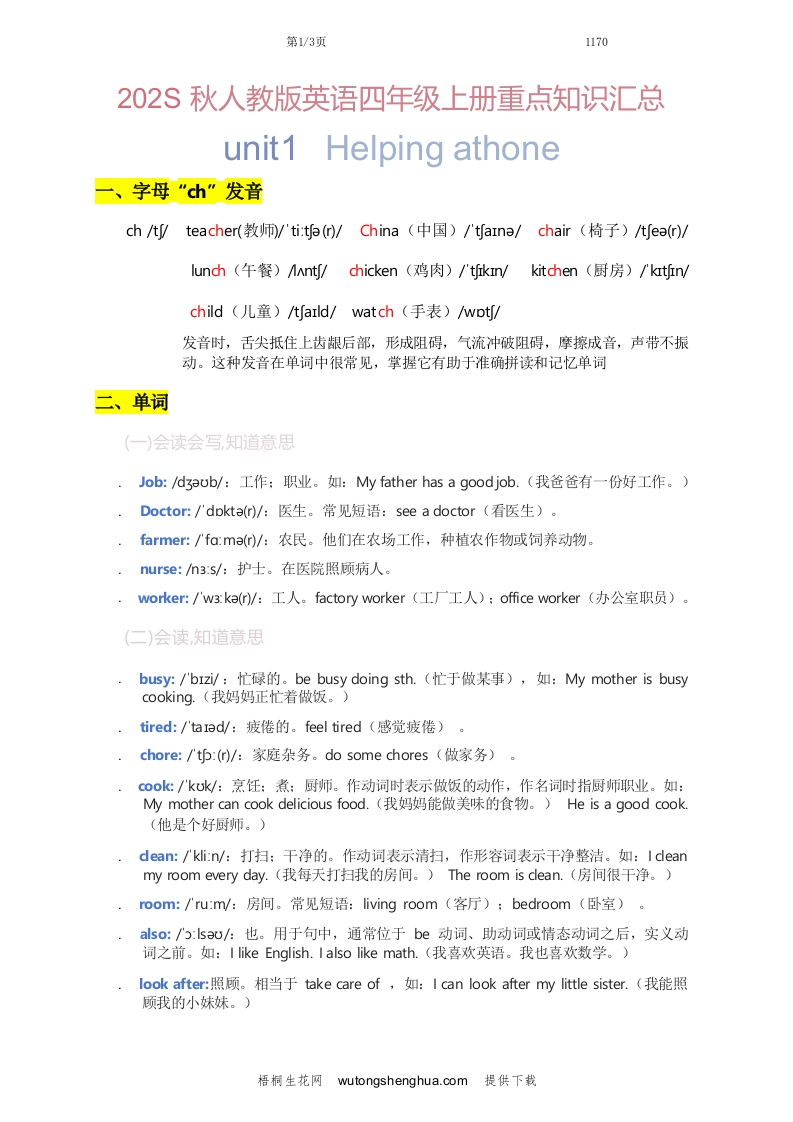 2025秋人教版英语四上Unit1重点知识汇总-梧桐生花