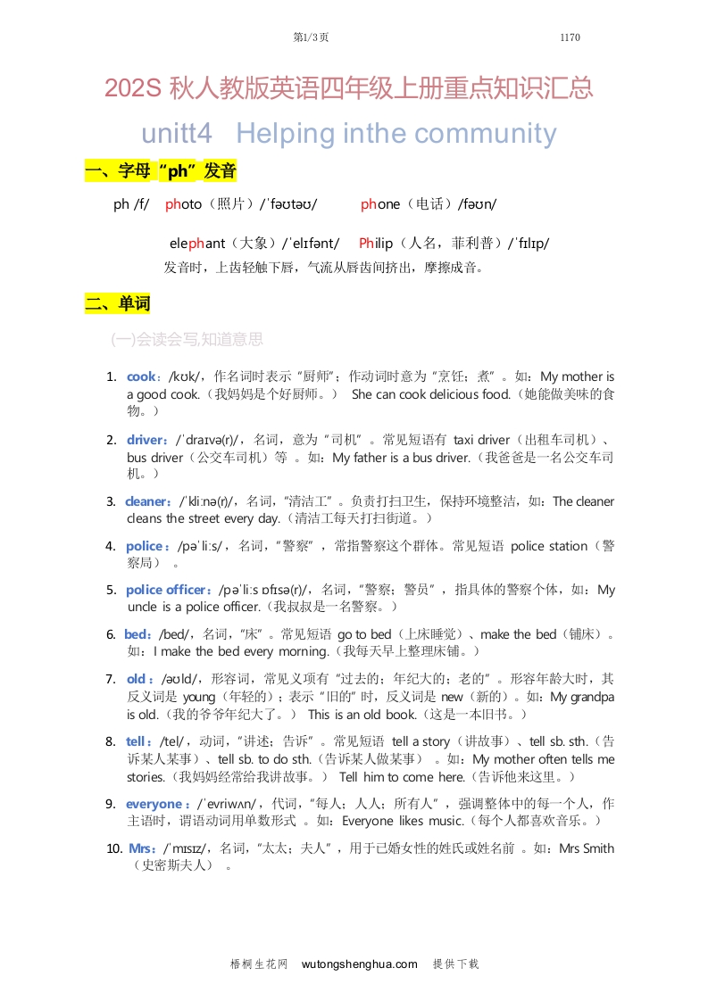 2025秋人教版英语四上Unit4重点知识汇总-梧桐生花