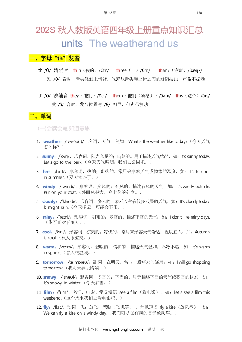 2025秋人教版英语四上Unit5重点知识汇总-梧桐生花