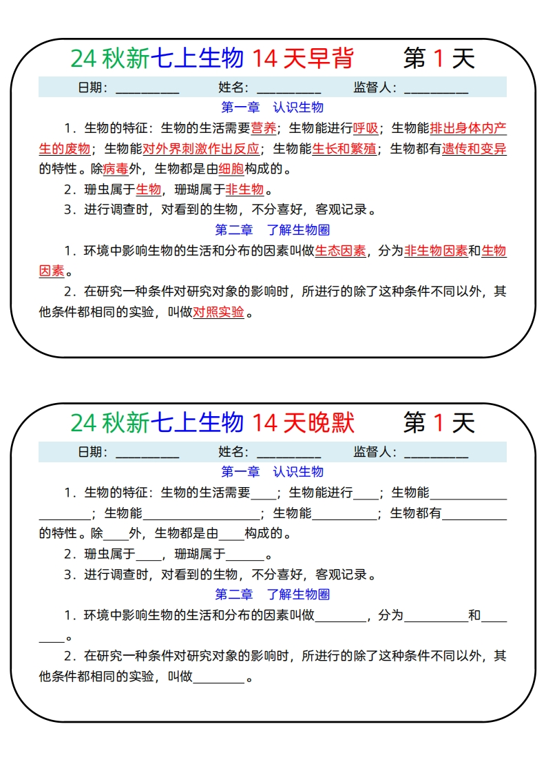 24秋新七上生物14天早背晚默-梧桐生花