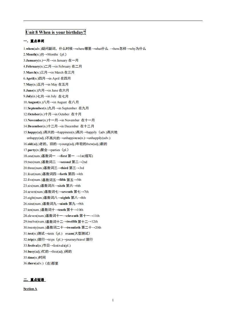 8.人教版七年级上英语Unit8复习提纲-梧桐生花