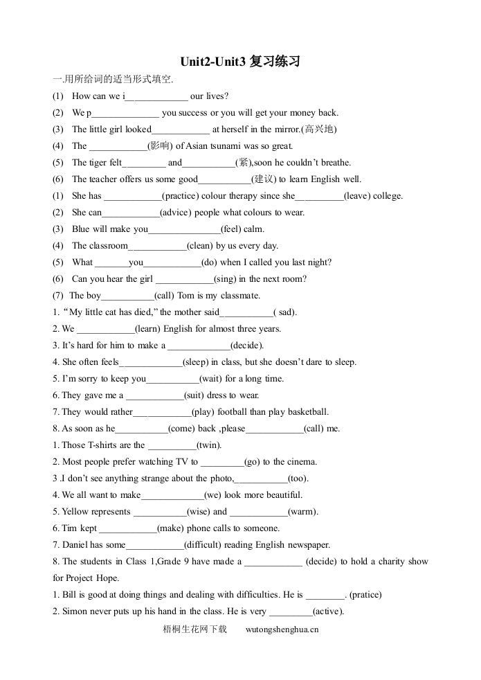 9A-Unit2-Unit3复习练习题-梧桐生花