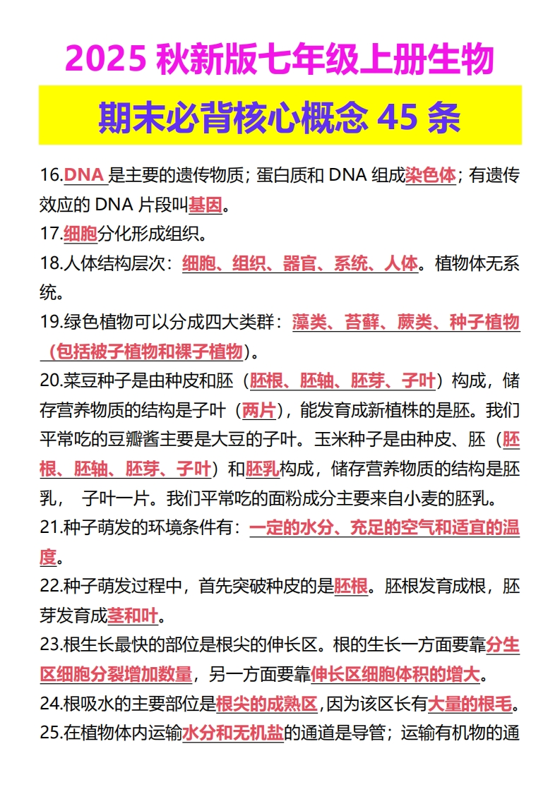 【2025秋新版】七年级上册生物期末必背核心概念45条-梧桐生花