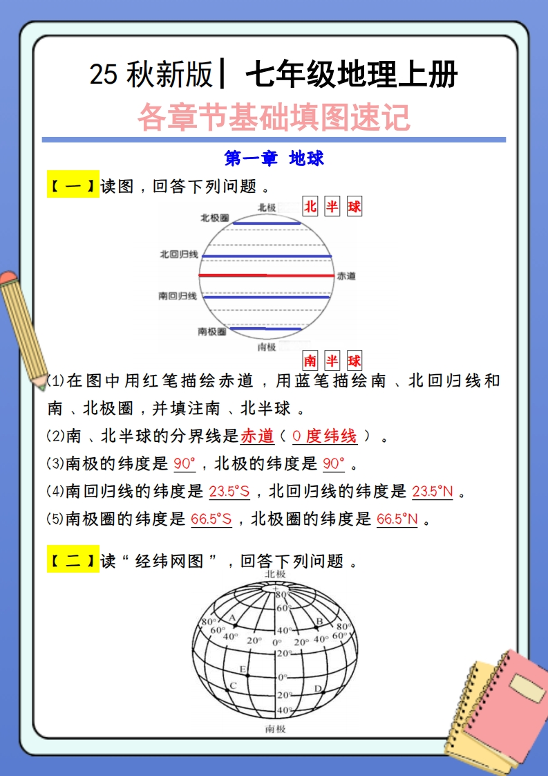 【2025秋新版】七年级地理上册：各章节基础填图速记（含答案）-梧桐生花