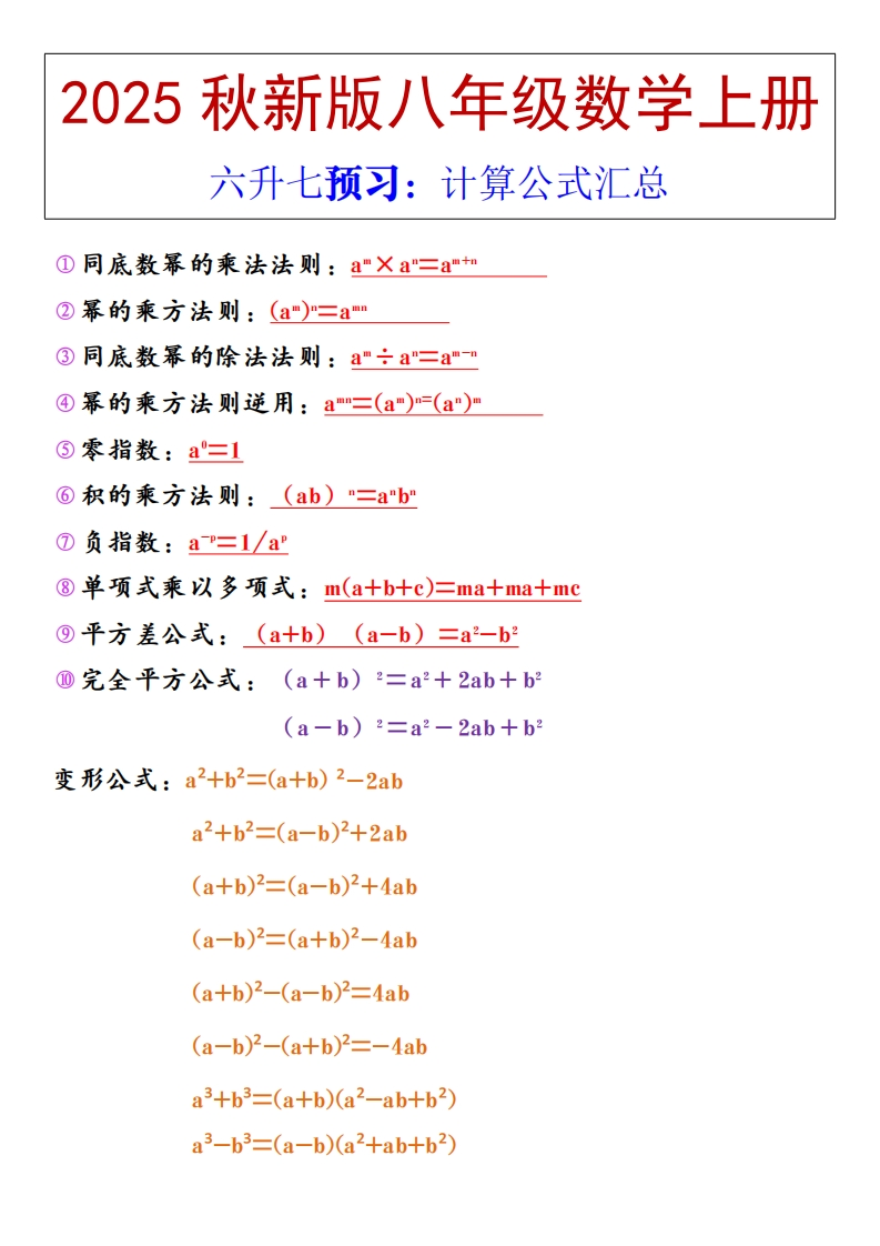 【2025秋新版】八年级上册数学计算公式汇总-梧桐生花