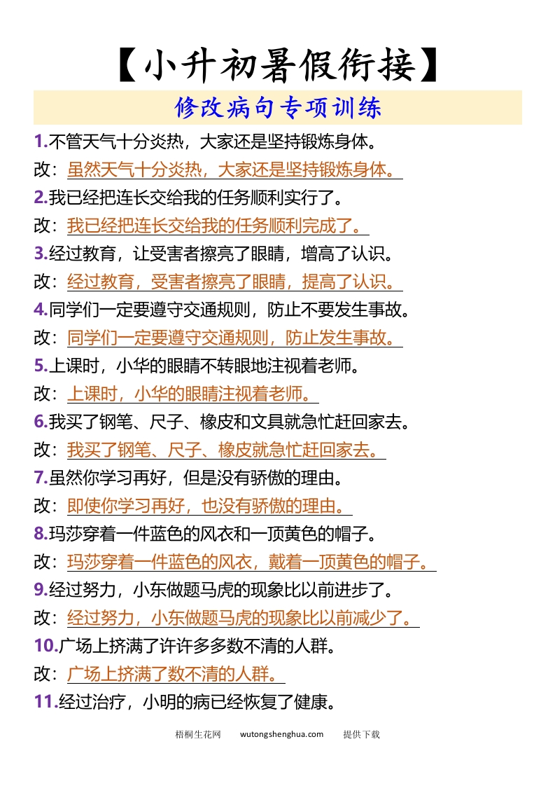 【小升初暑假衔接】修改病句专项训练-小升初语文-梧桐生花