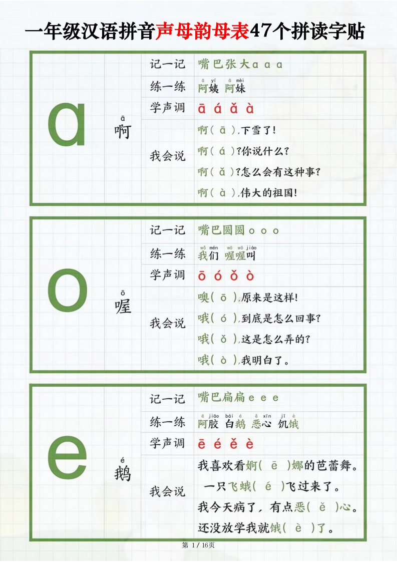 一年级汉语拼音声母韵母表47个拼读字贴（16页）-梧桐生花