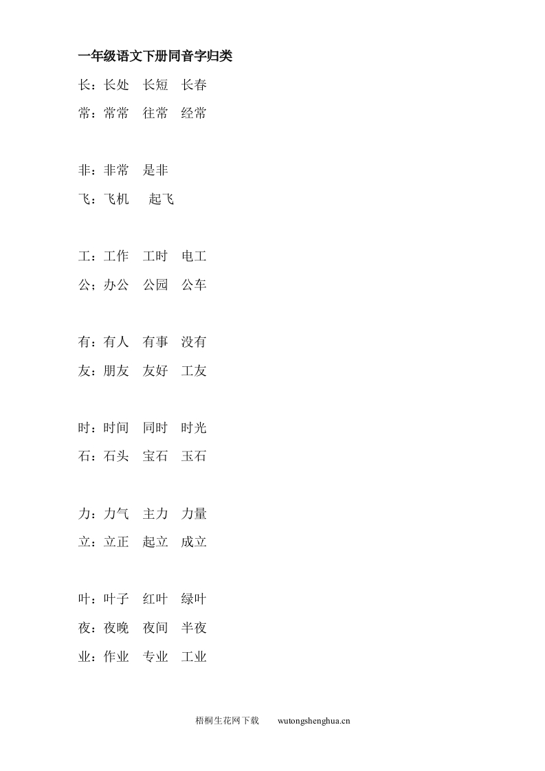 人教版一年级语文下册同音字归类-梧桐生花