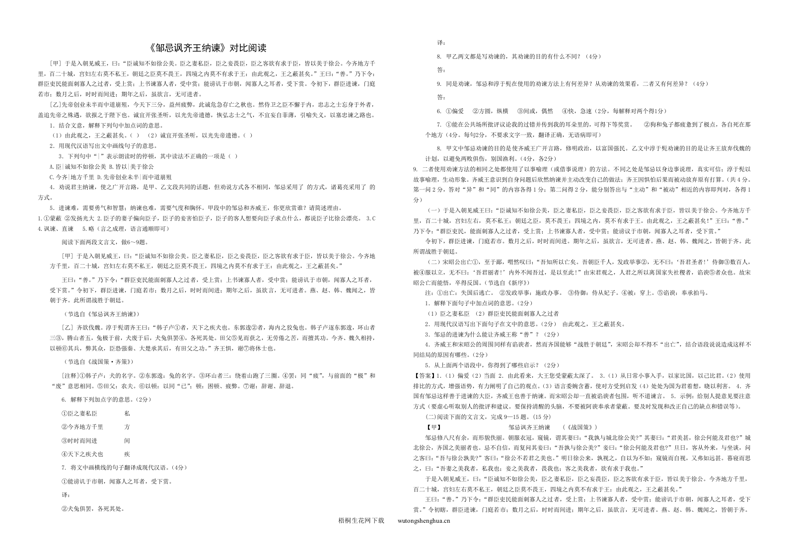 八年级下《邹忌讽齐王纳谏》对比阅读-梧桐生花