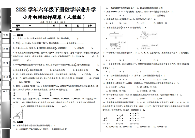 六下人教版数学【2024-2025学年小升初全真模拟试卷（提高03）】-梧桐生花
