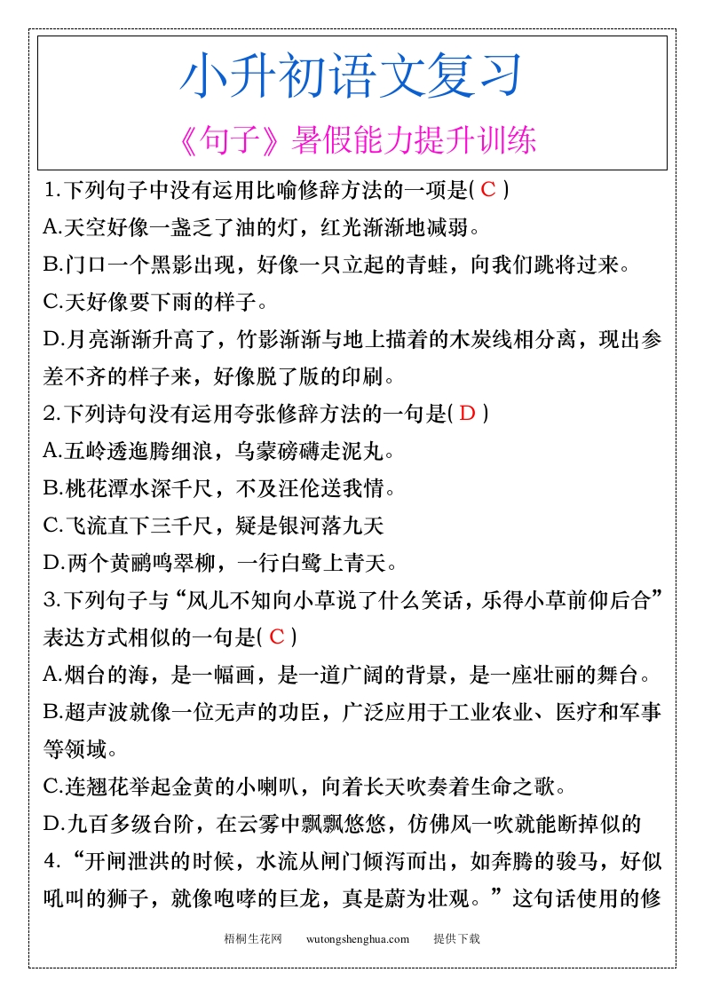 小升初语文《句子》暑假能力提升训练-小升初语文-梧桐生花