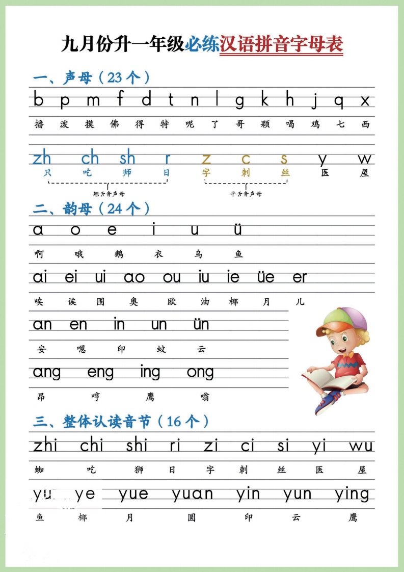 幼小衔接！语文九月份升一年级必练汉语拼音-声母-梧桐生花