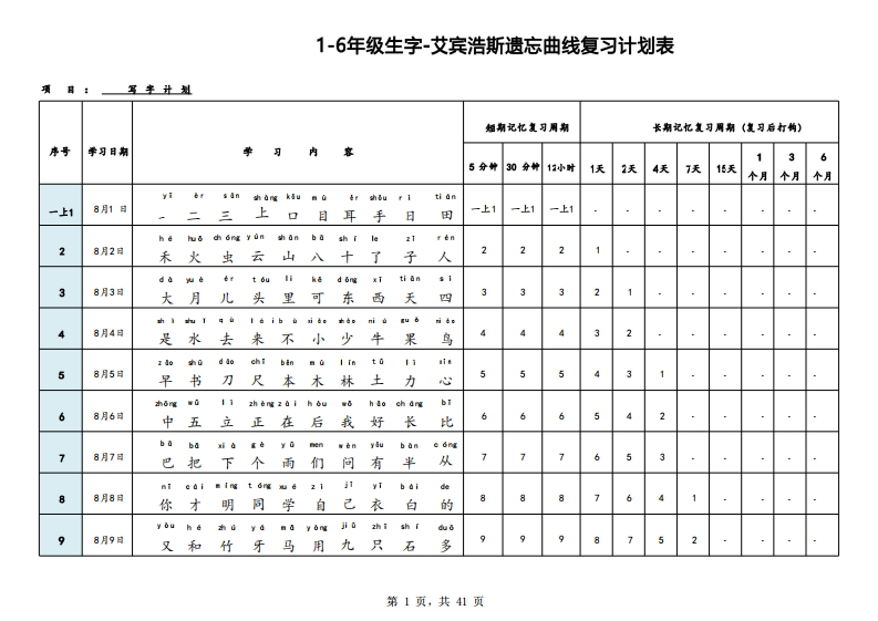 艾宾浩斯曲线生字表3500（1-6年级）-梧桐生花
